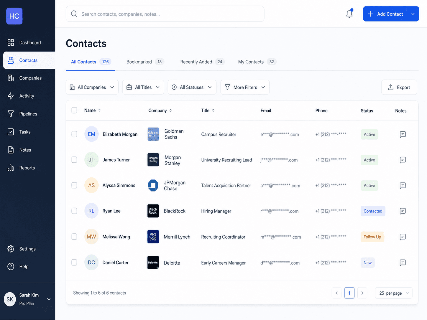 A hiring contacts list showing names, titles, companies, and partially obscured emails and phone numbers