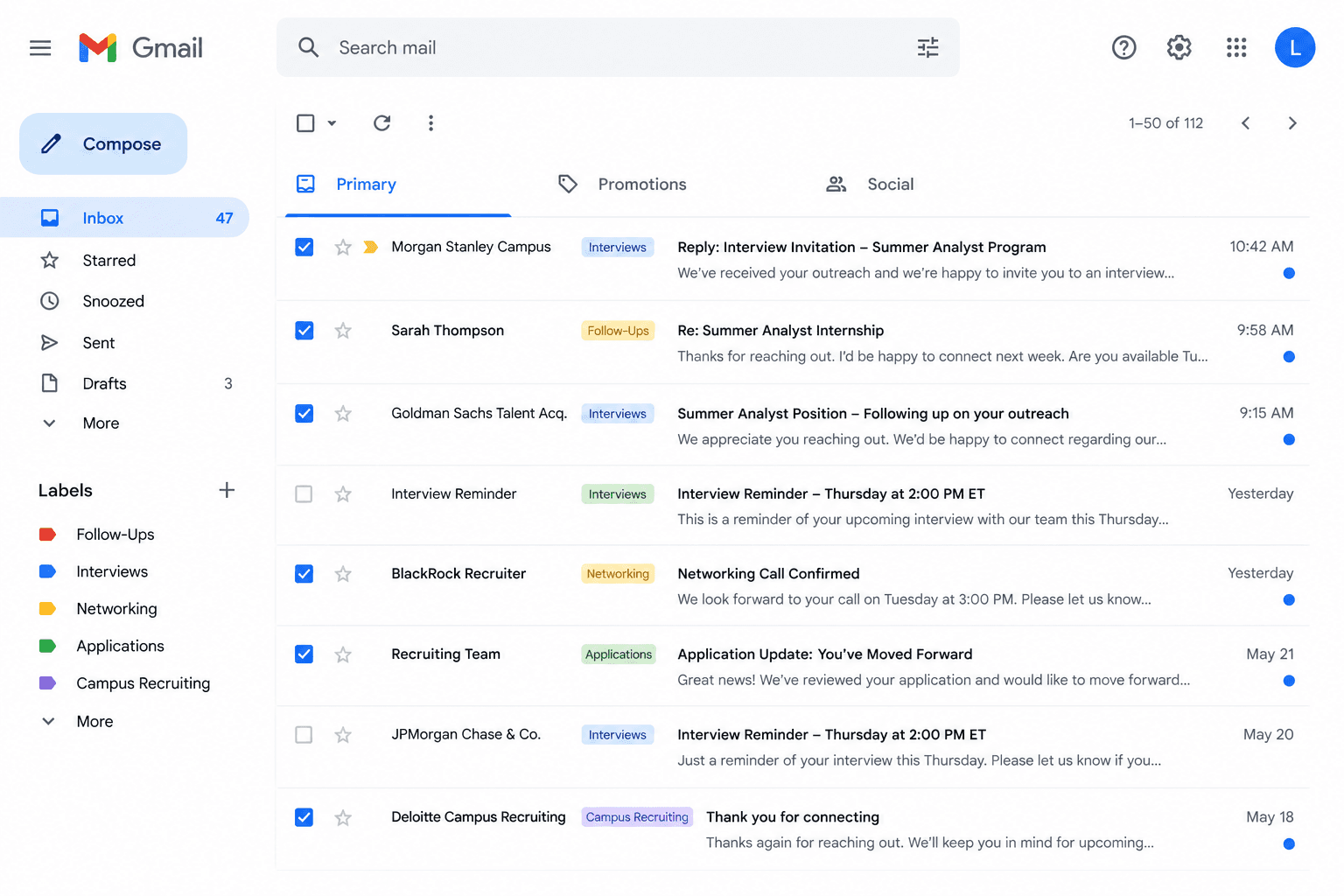 Inbox showing interview invitations, recruiter replies, and networking confirmations from target companies
