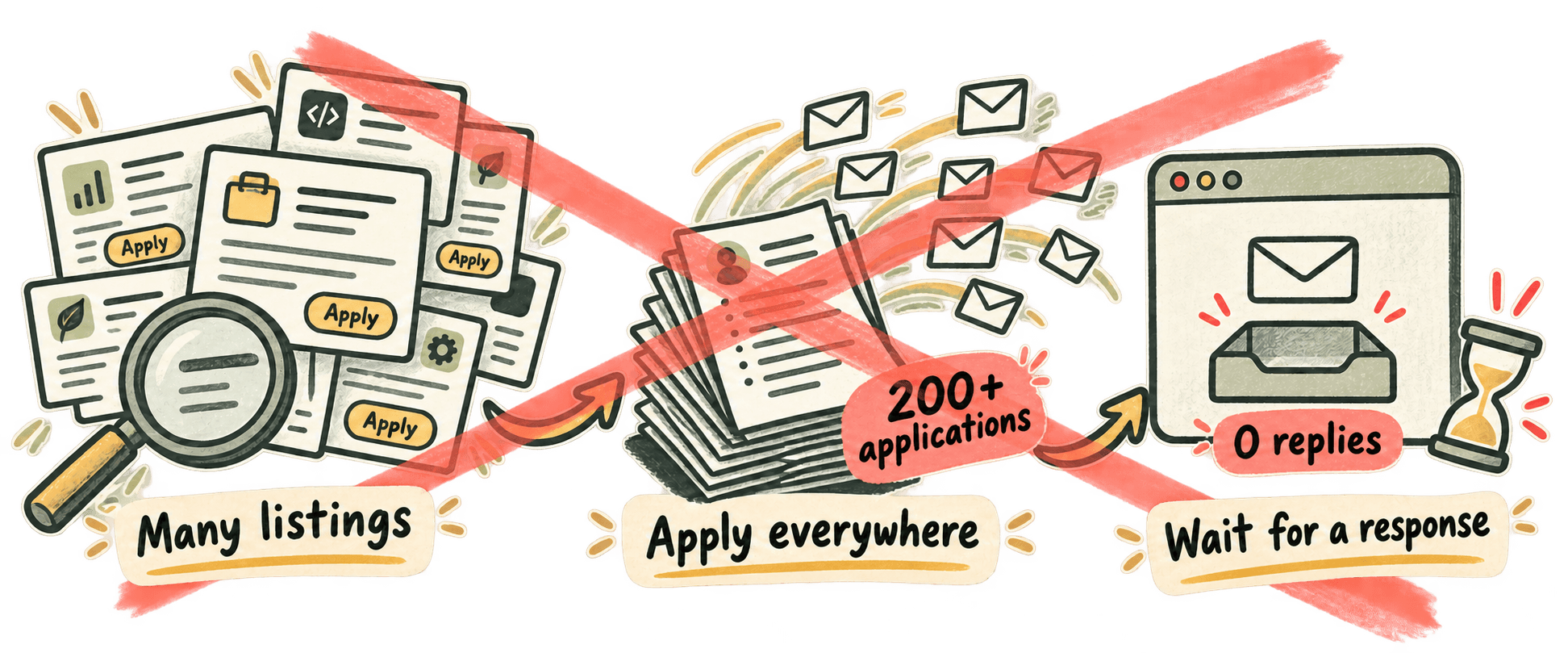 Mass-application example showing many listings, over 200 applications, and an empty inbox, crossed out.
