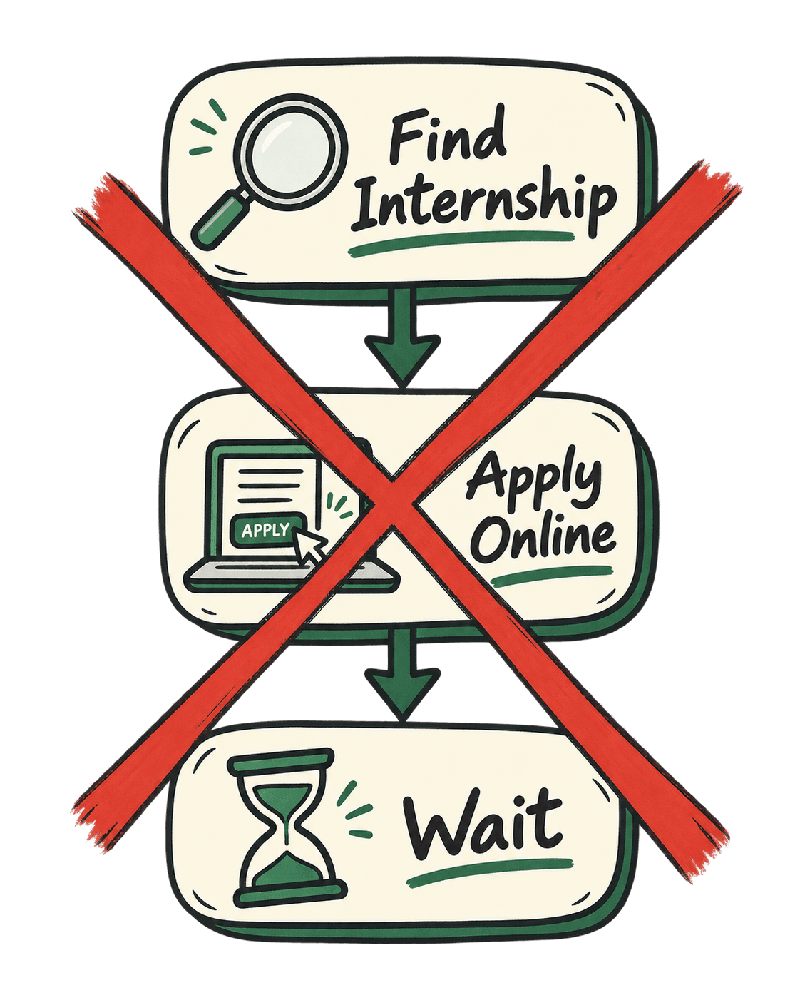 The typical internship process — find internship, apply online, wait — crossed out
